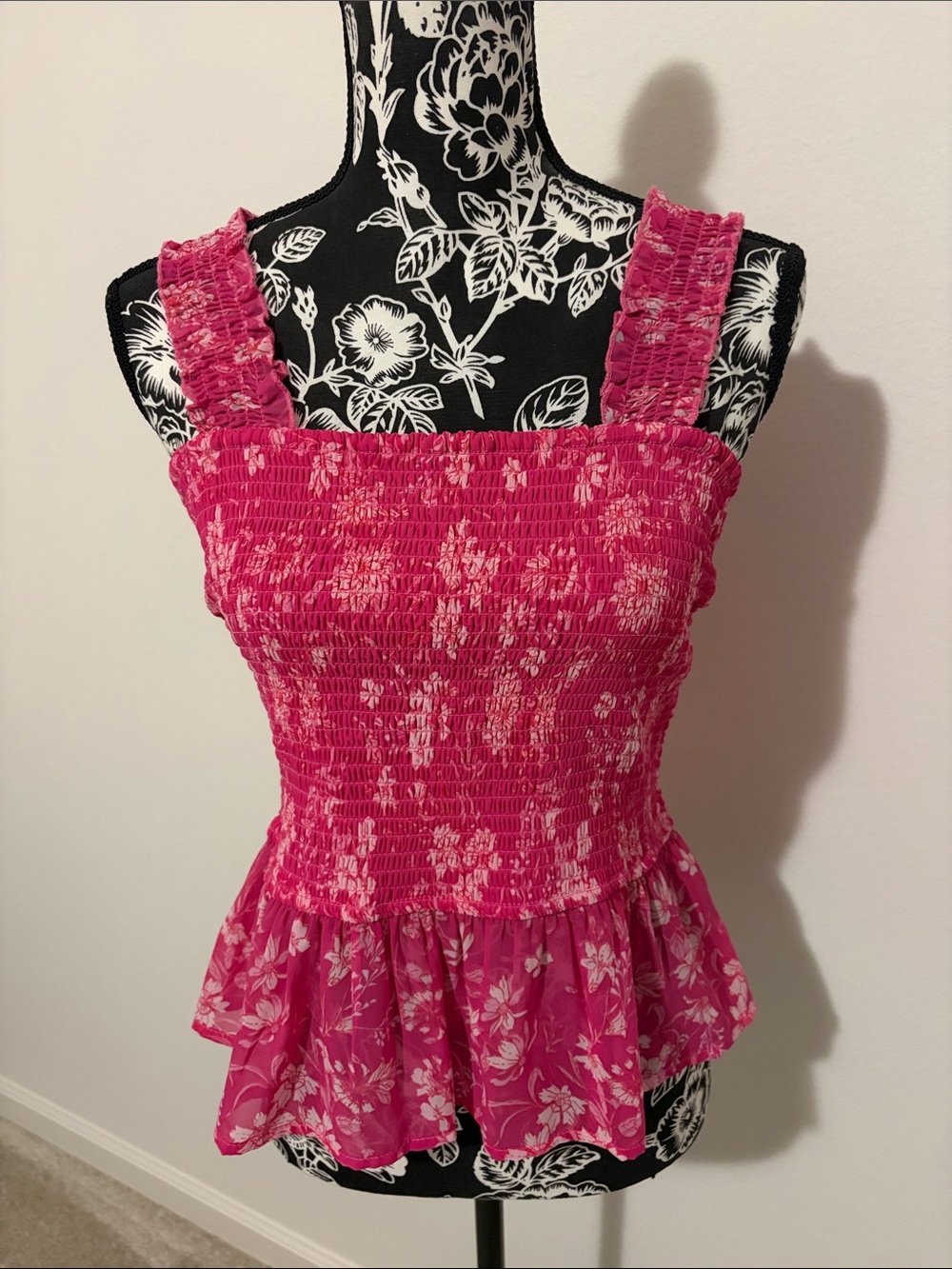Japna Hot Pink Floral Stretchy Smocked Peplum Camisole